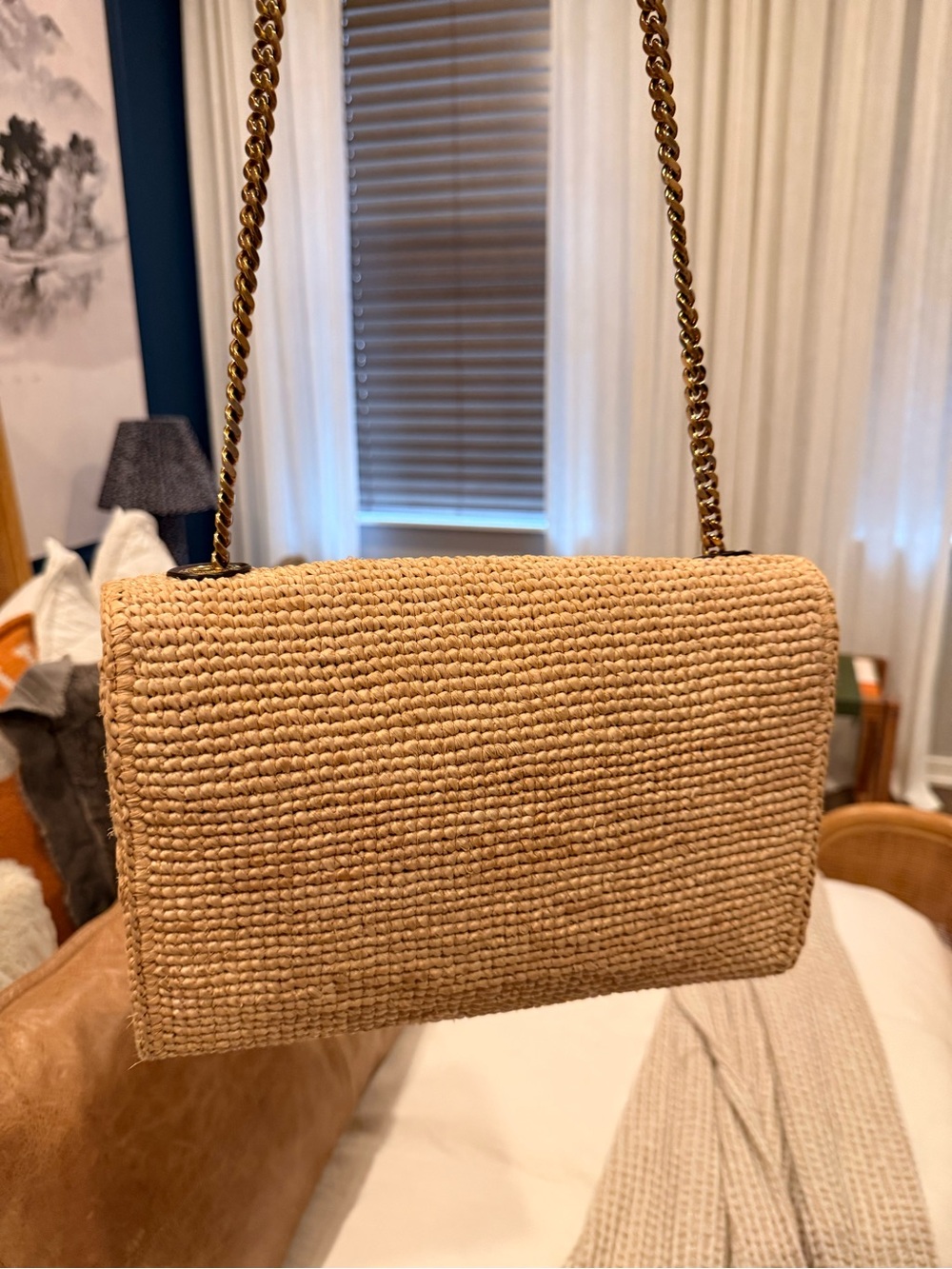 Saint Laurent Natural Raffia Envelope Chain Shoulder Bag with Gold Hardware - Picture 3 of 6